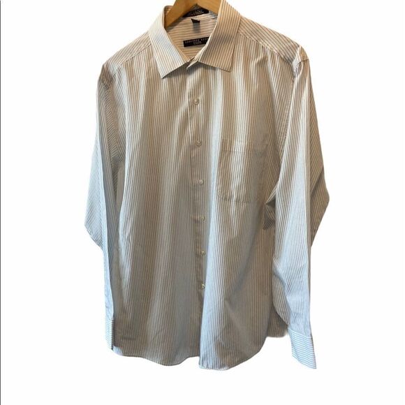 White Pinstripe Collared Fitted Button Up Long Sleeve Cuffed Dress Shirt XL - Picture 1 of 7